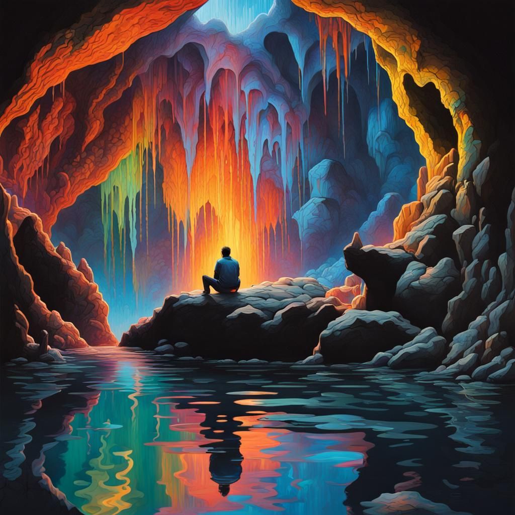 Cave Lake Reflection: Graffiti Art with Floating Rhino