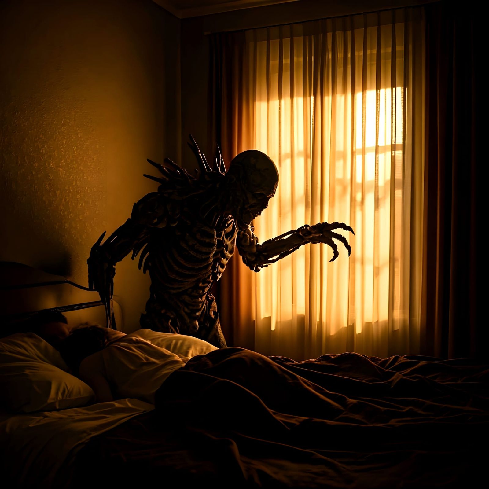 Ethereal Horror Emerges from Shadows in a Darkened Bedroom
