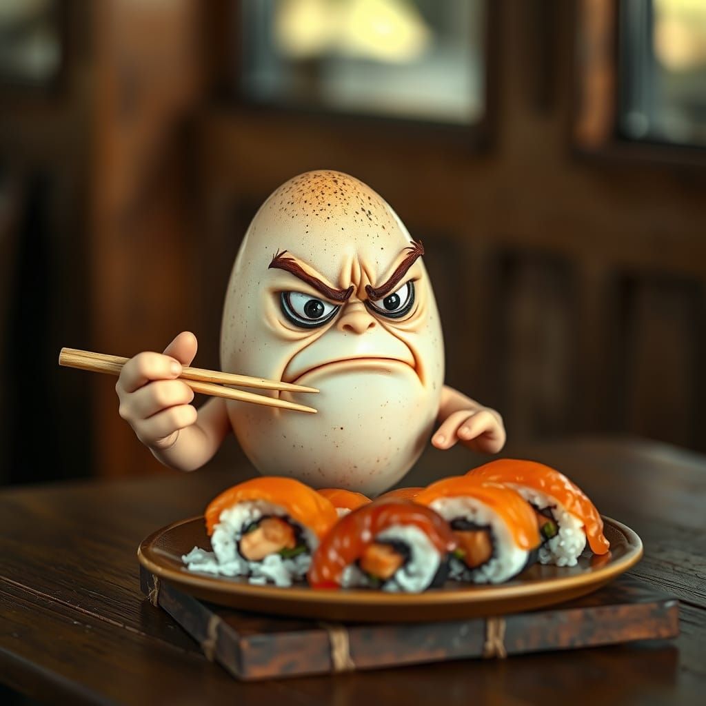 Angry Egg Devours Sushi in a Moment of Intense Frustration