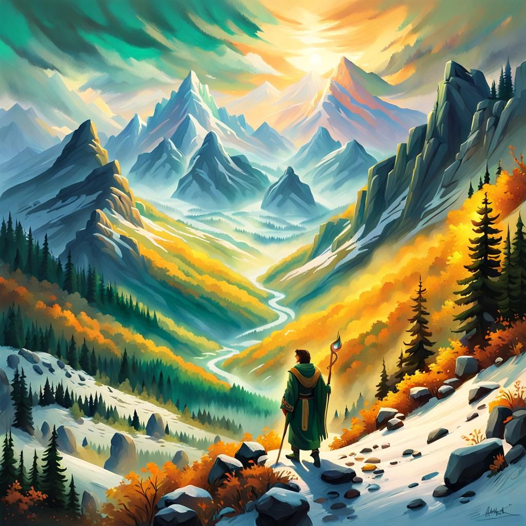 Warrior Guide at Mountain Trailhead: Oil Painting