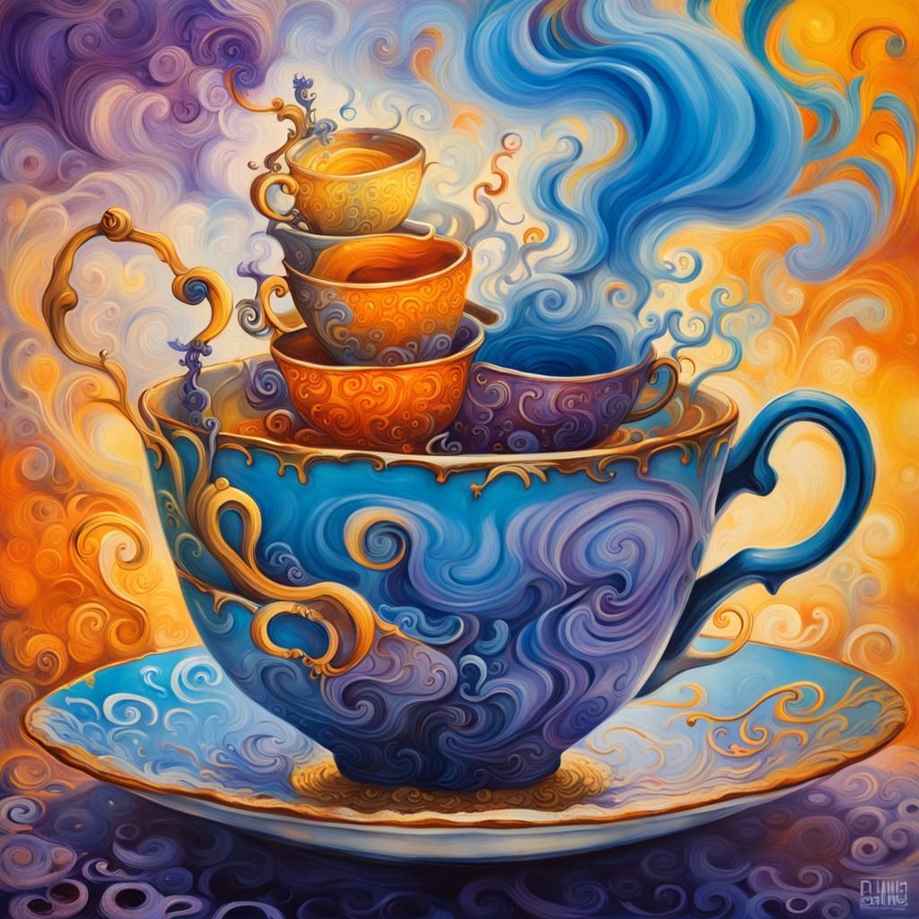 Mad Hatter Tea Party in Teacup, Surreal Abstract