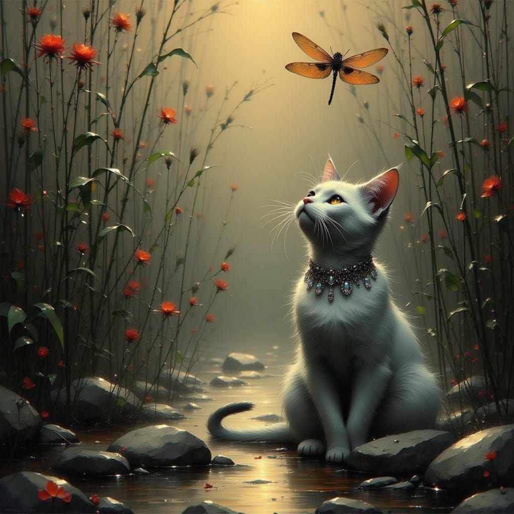 Silver Tabby Cat Watches Dragonfly in Ancient Halls