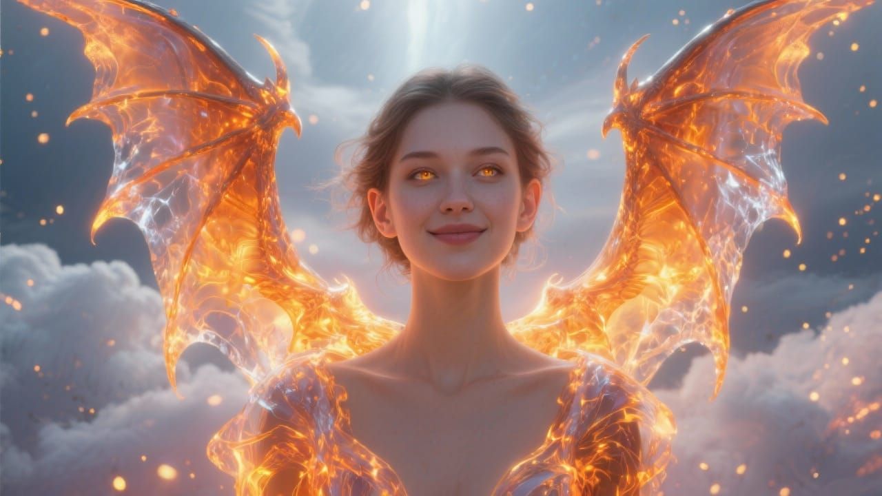 Alluring Woman with Dragon Wings and Glowing Eyes