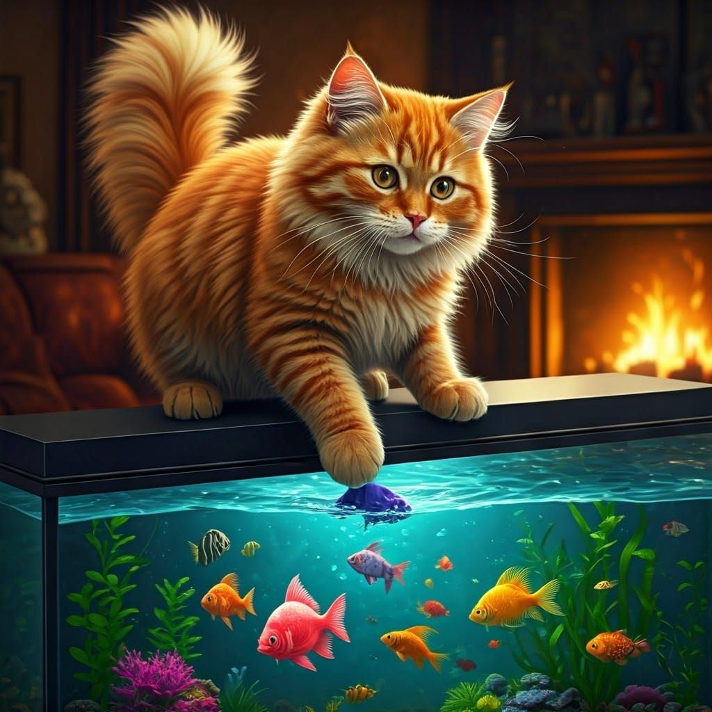 Red Cat Fishing in Aquarium: Hyperrealistic Digital Art