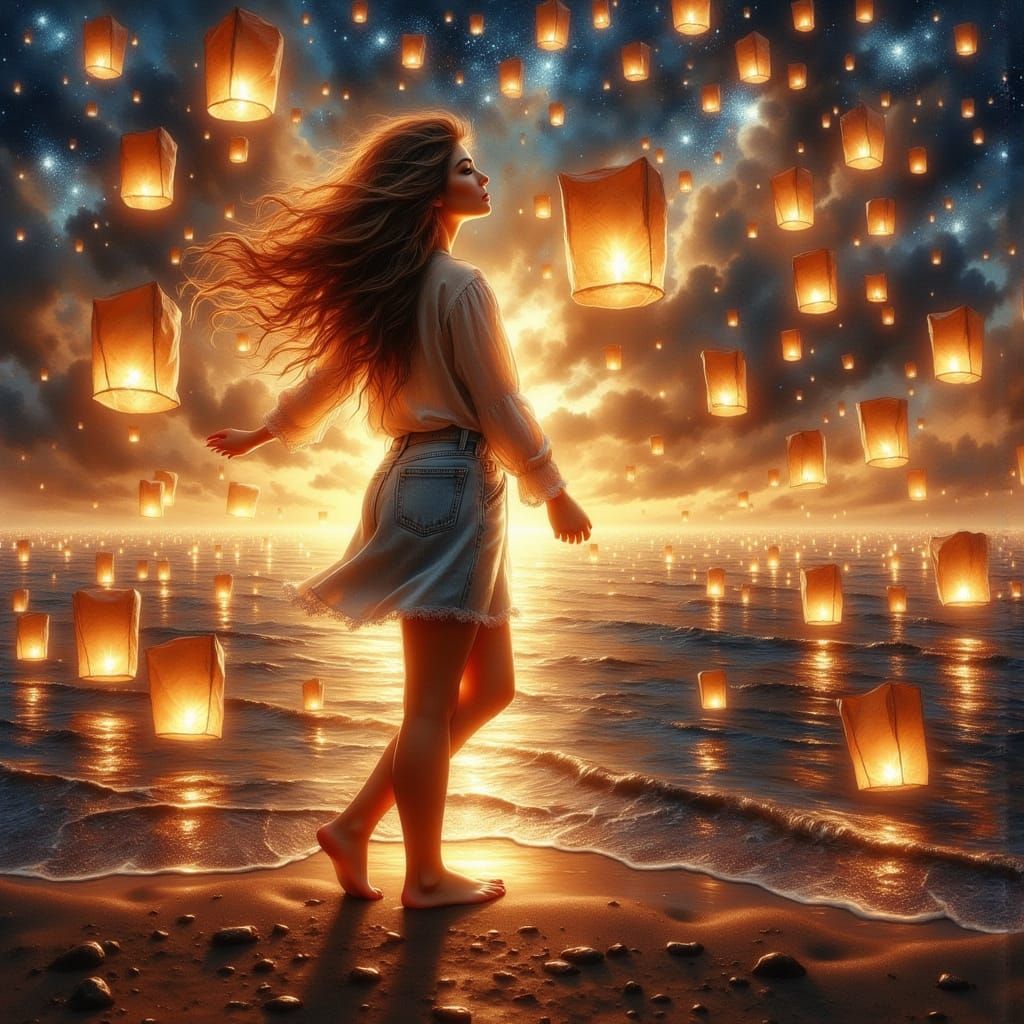 Women Watching Lanterns Rise in the Sky