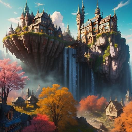 Fairytale Village Floating in Air as Oil Painting