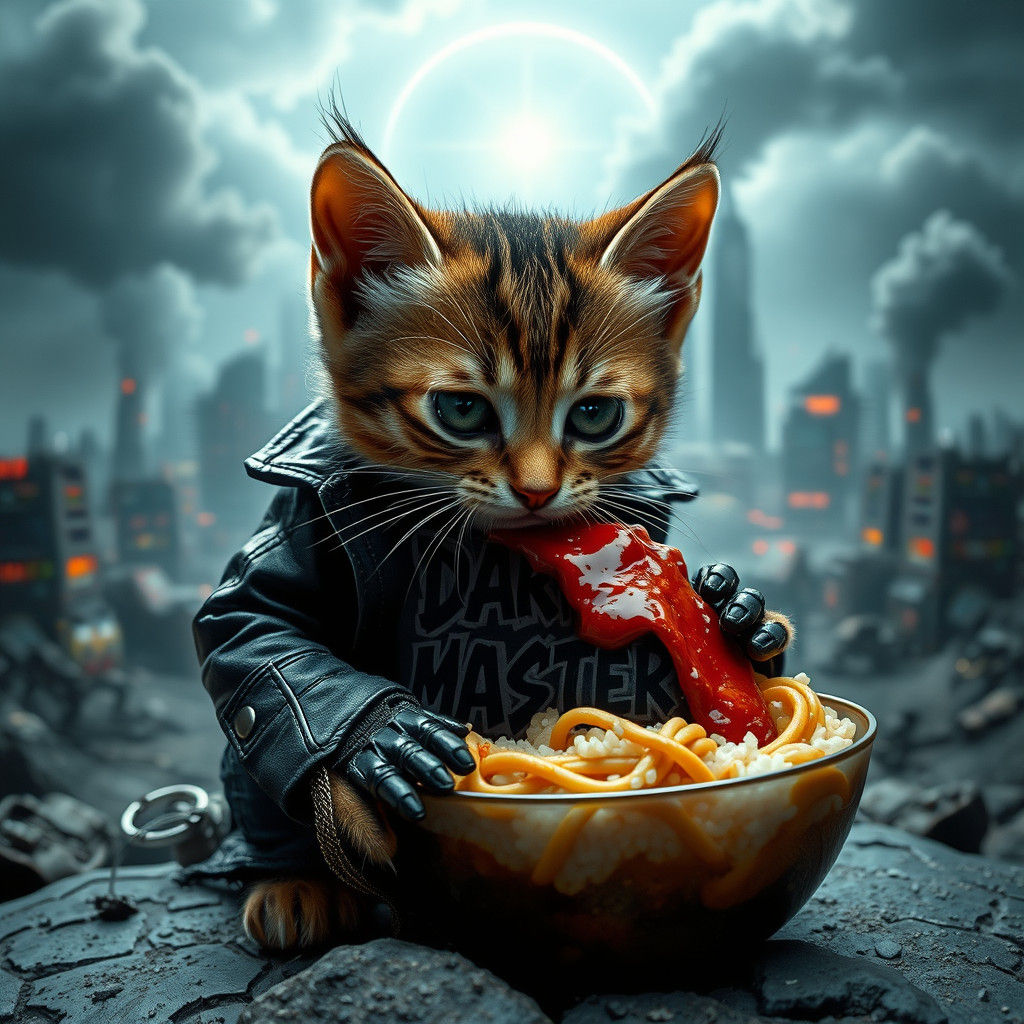 Cyberpunk Kitten Dominates Apocalyptic Robotic Landscape