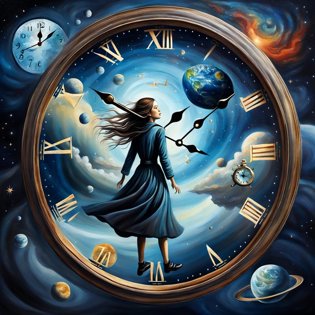 Surreal Woman Floating in Space with Clocks