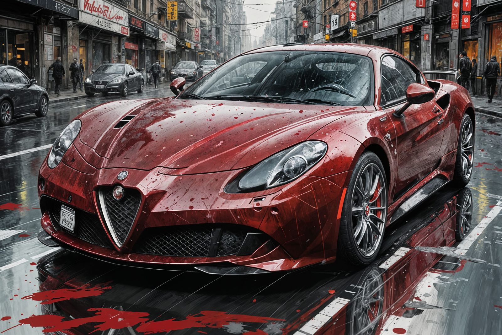 Dark Red Alfa Romeo Supercar in Speedpaint Style