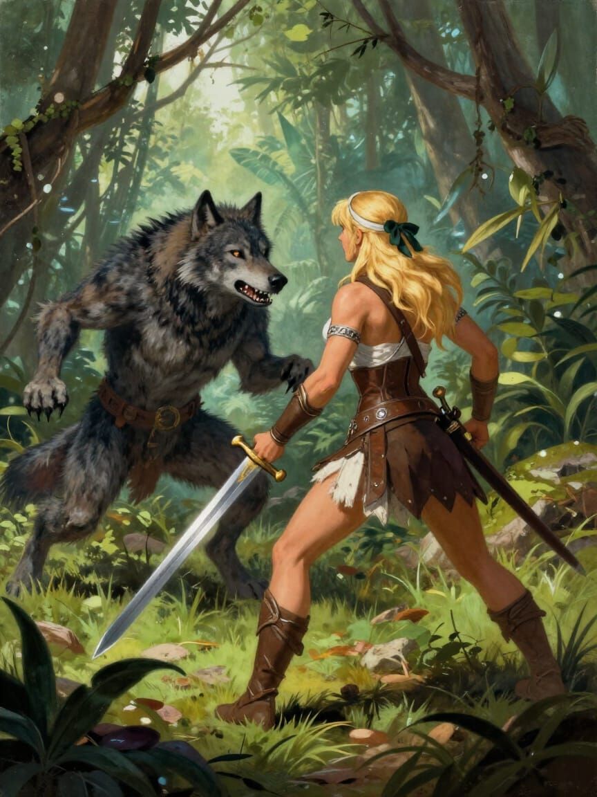 Female Warrior Battles Wolfman in Lush Jungle Painting