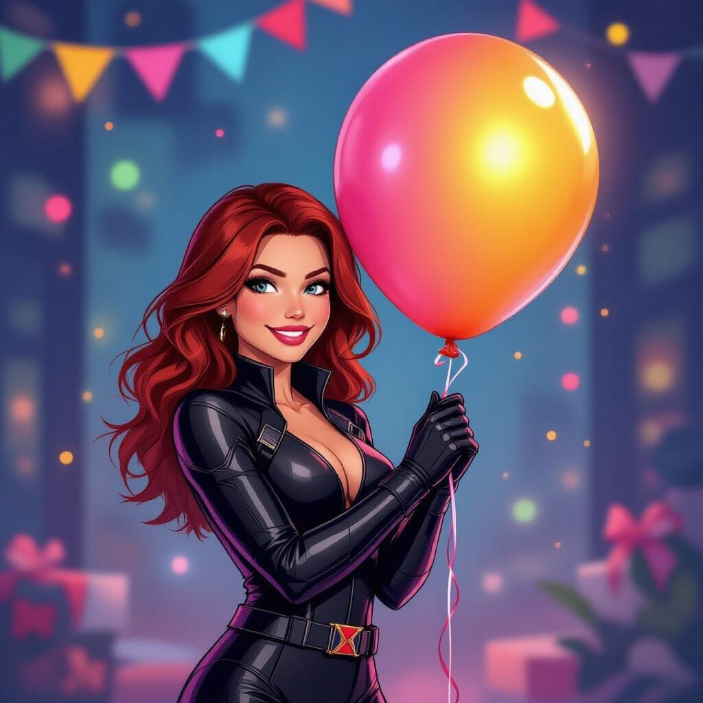 Black Widow Celebrates with Birthday Balloon in Neon Art