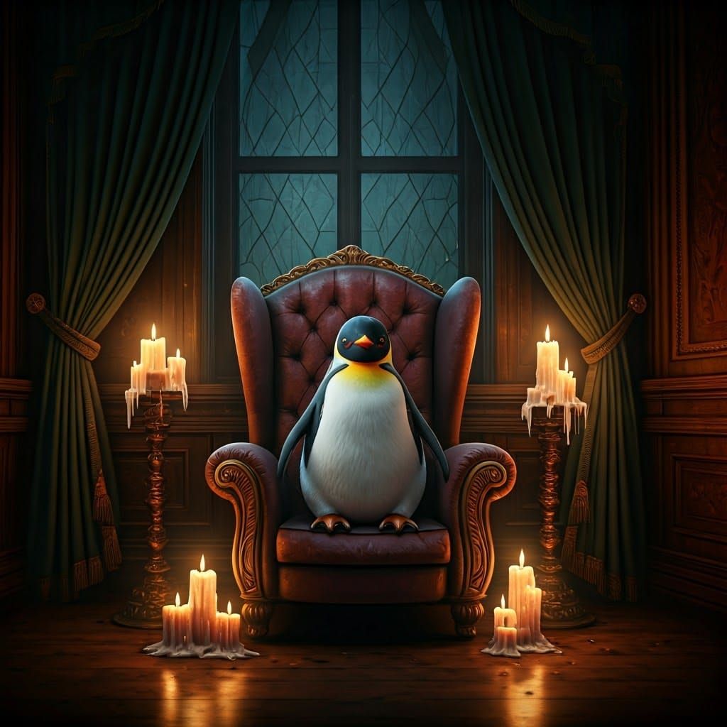 Elderly Penguin in Opulent, Mystical Chamber