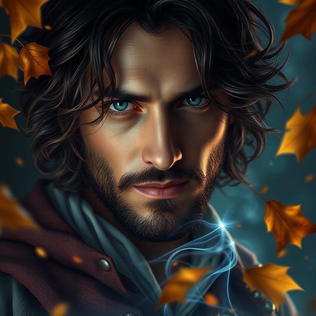 Charismatic Poet Radiating Electric Aura in Autumn Landscape