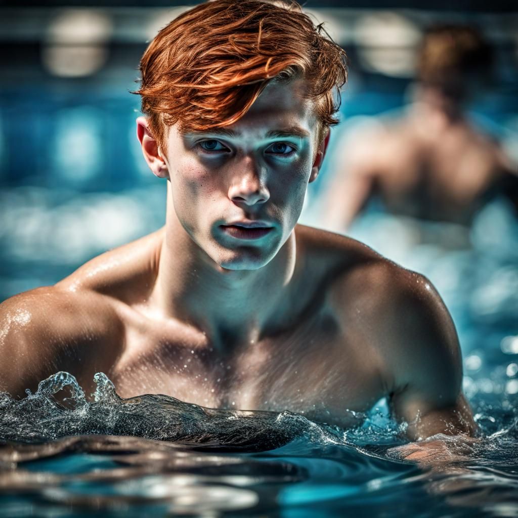 Hyperrealistic Redhead Teen Swimmer in High Contrast