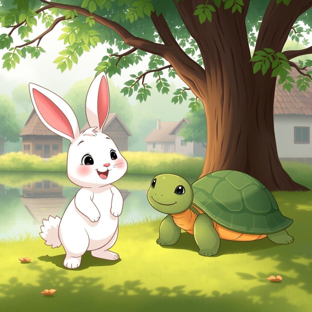 Playful Rabbit and Smiling Tortoise in Serene Village Landsc...