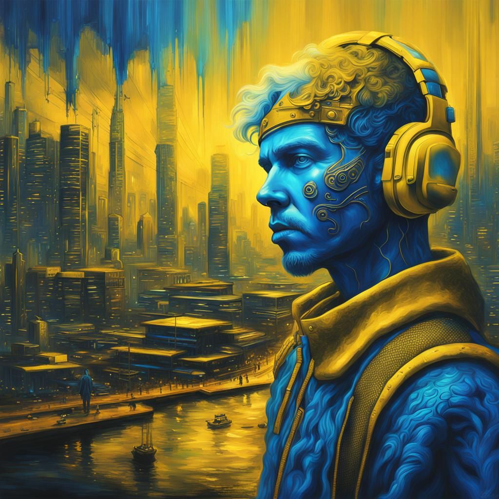 Cyberpunk God in Yellow and Blue Tonalism