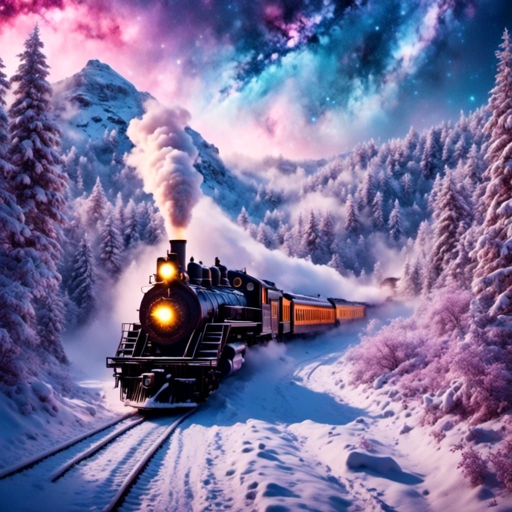 Snowy Train in a Starry Galaxy Landscape