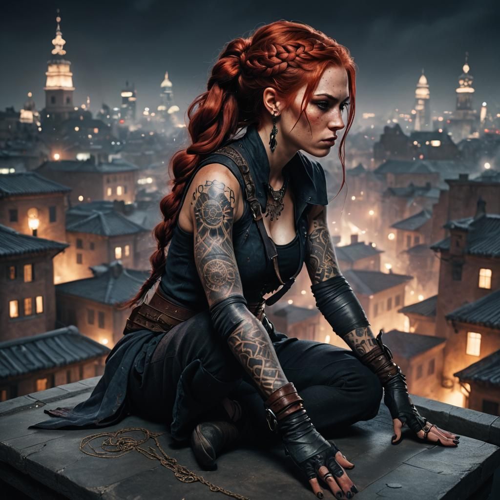 Dark Fantasy Assassin with Red Hair and Tattoos