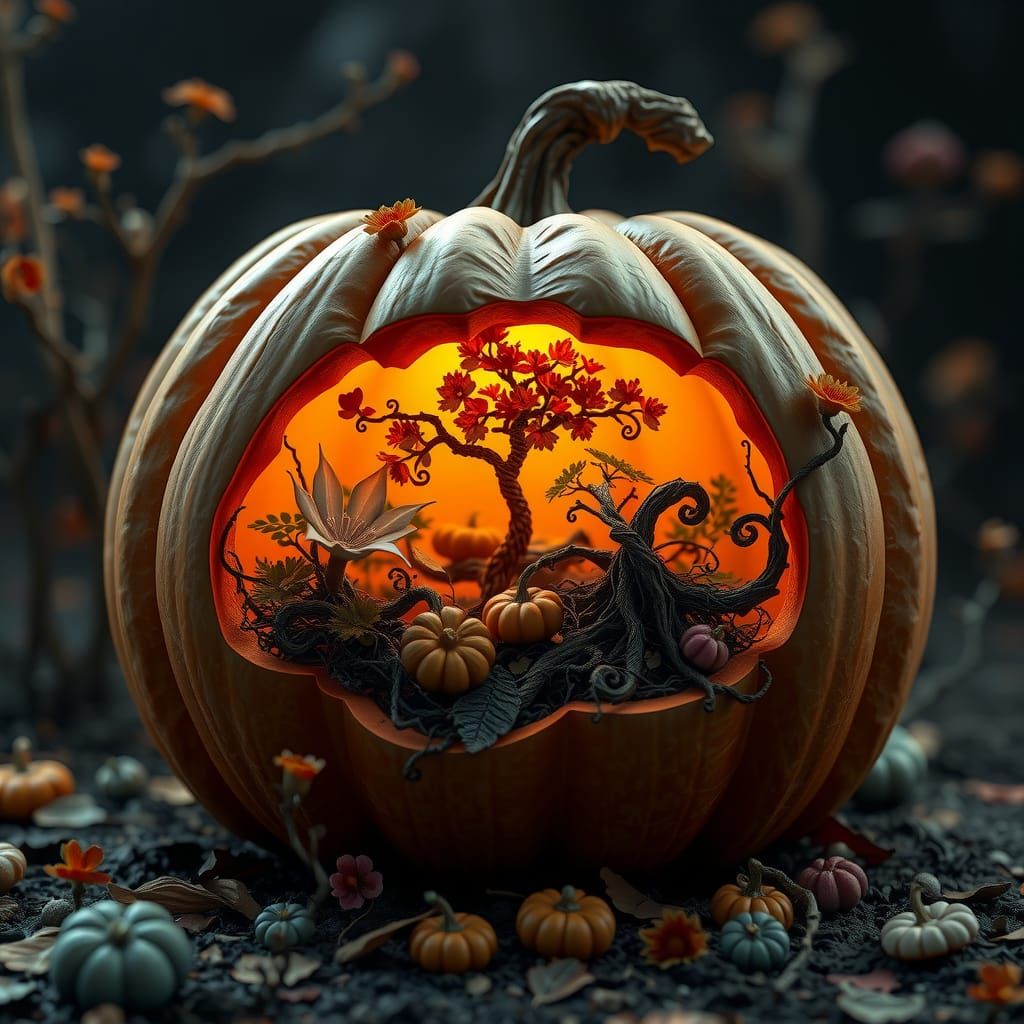 Glowing Pumpkin Patch in Autumnal Fantasy Scene