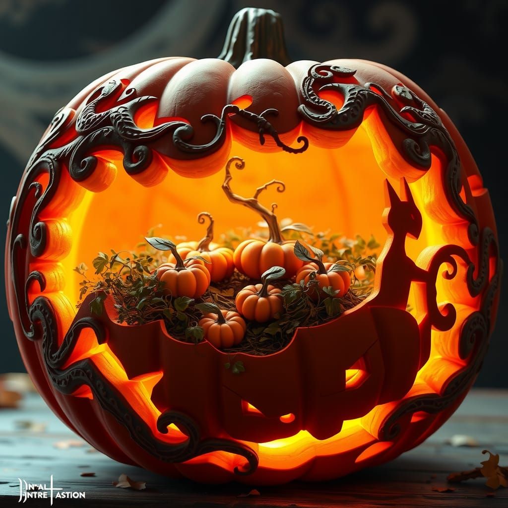 Ornate Carved Pumpkin with Miniature Patch, 3D Render