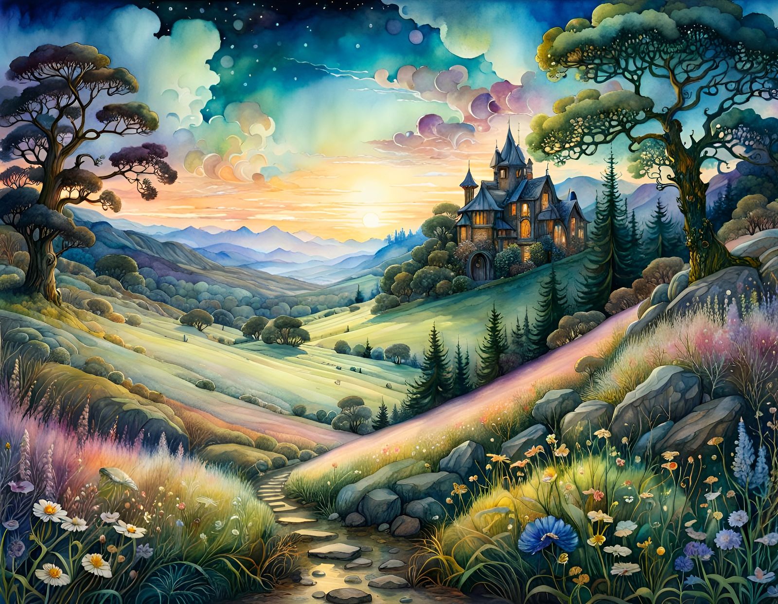 Watercolor Meadow Fantasy Landscape at Twilight