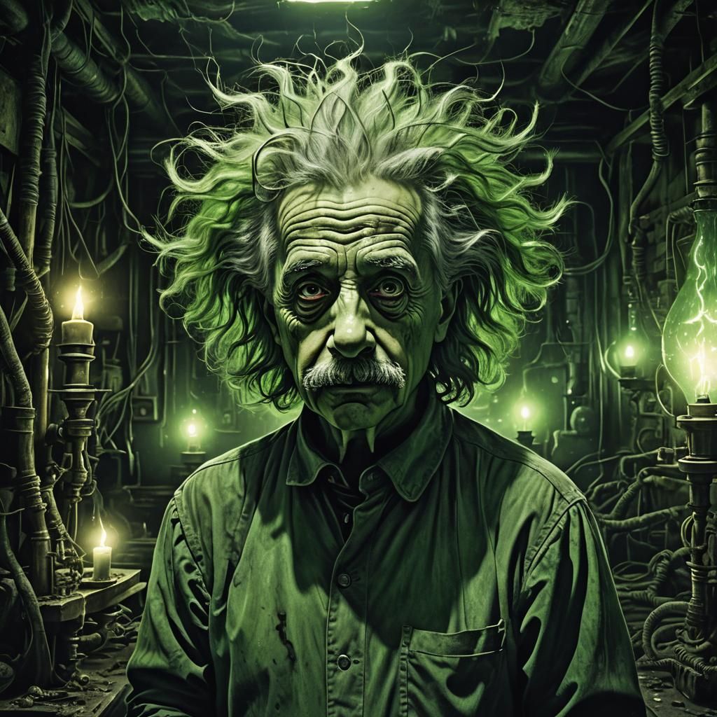 Twisted Einstein in Abandoned Lab: Surreal Horror