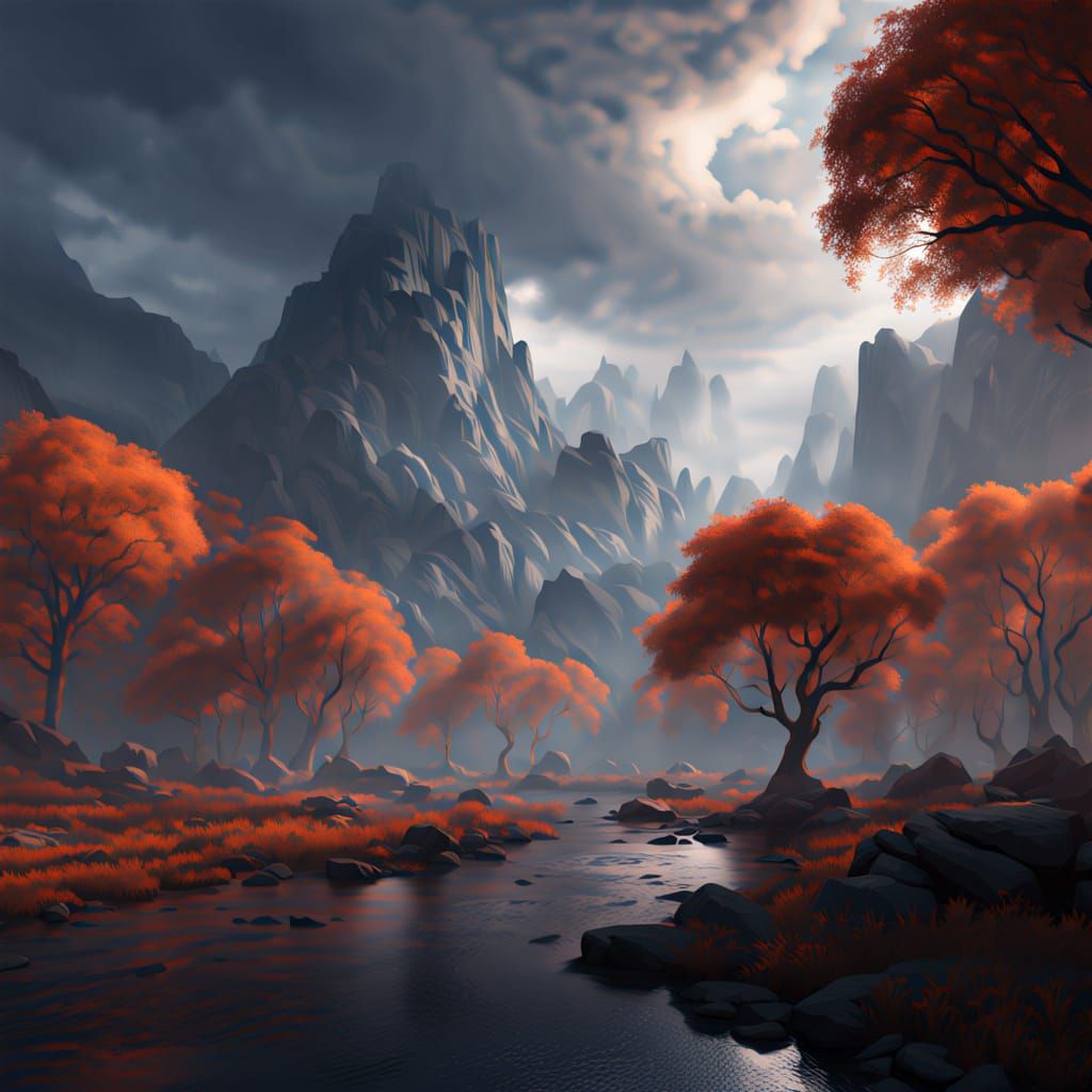 Ethereal Fantasy Landscape with Dramatic Sky and Mountains