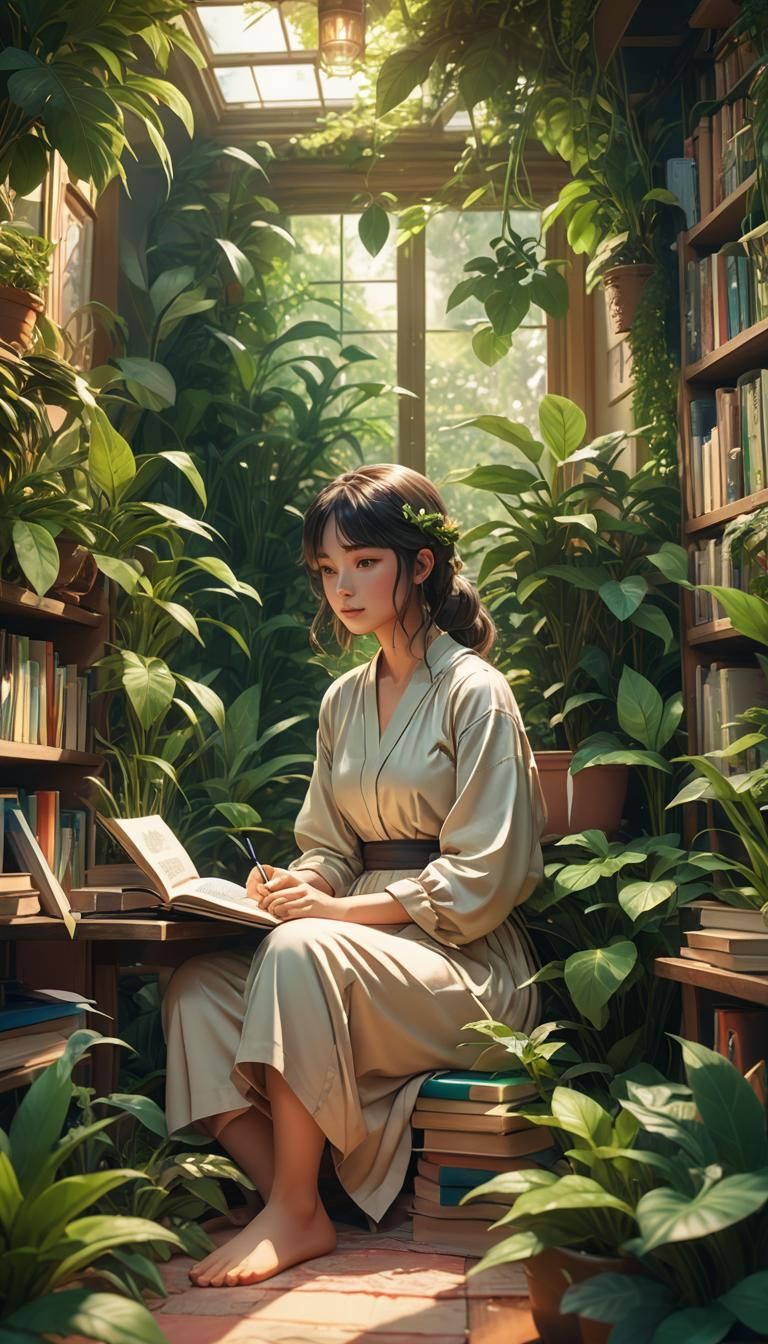 Anime Woman in Serene Botanical Storybook Room