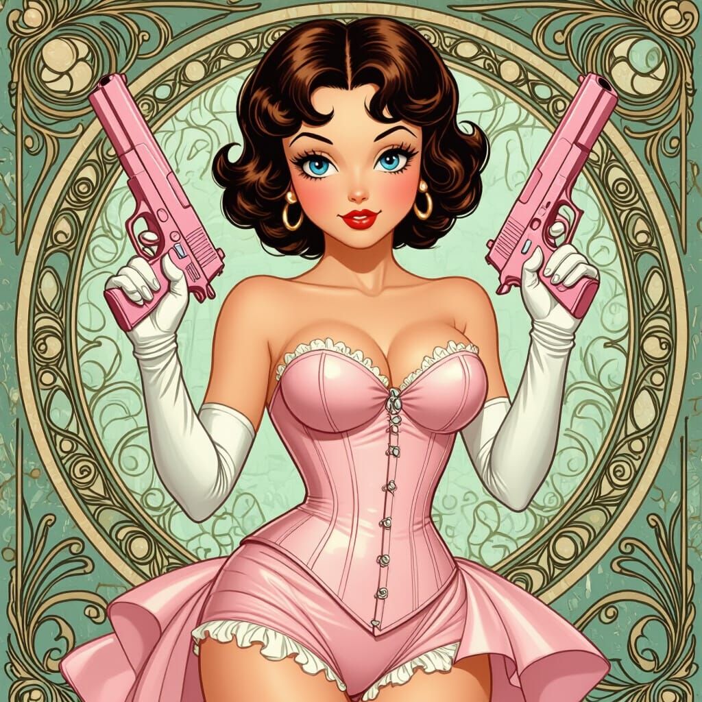 Betty Boop in Pink Corset Dress with Glock, Art Nouveau Styl...