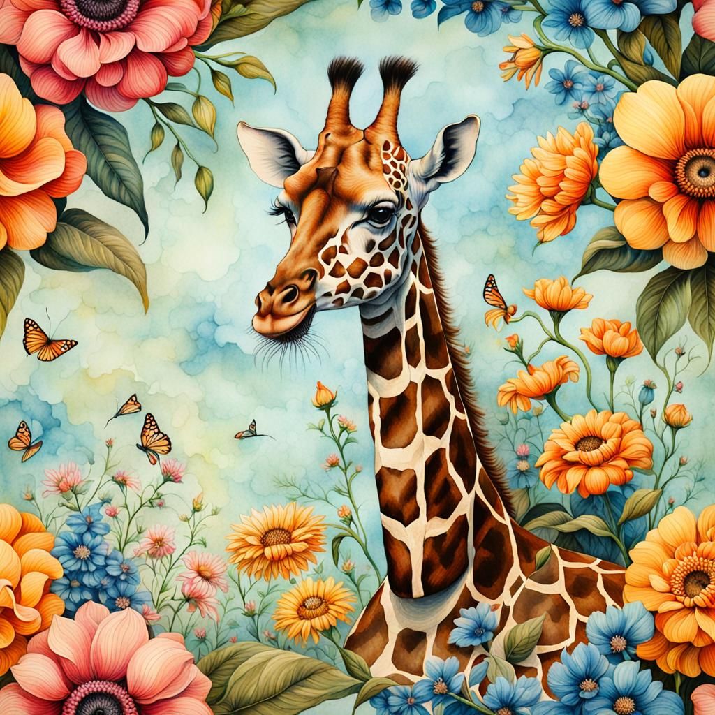 Surreal Giraffe in Flowers, Vintage Watercolor Art