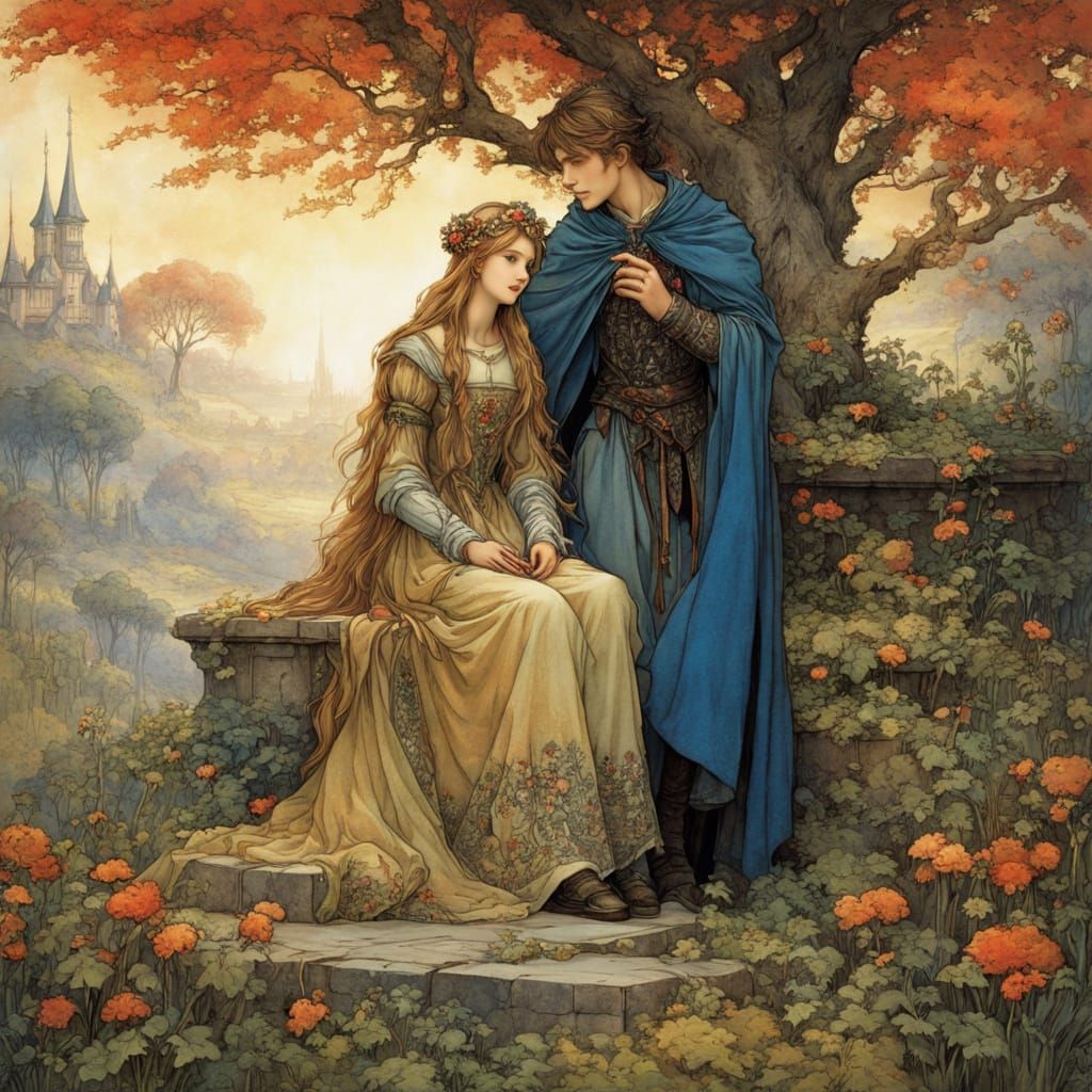 Medieval Fairytale Garden Scene in Anime Style