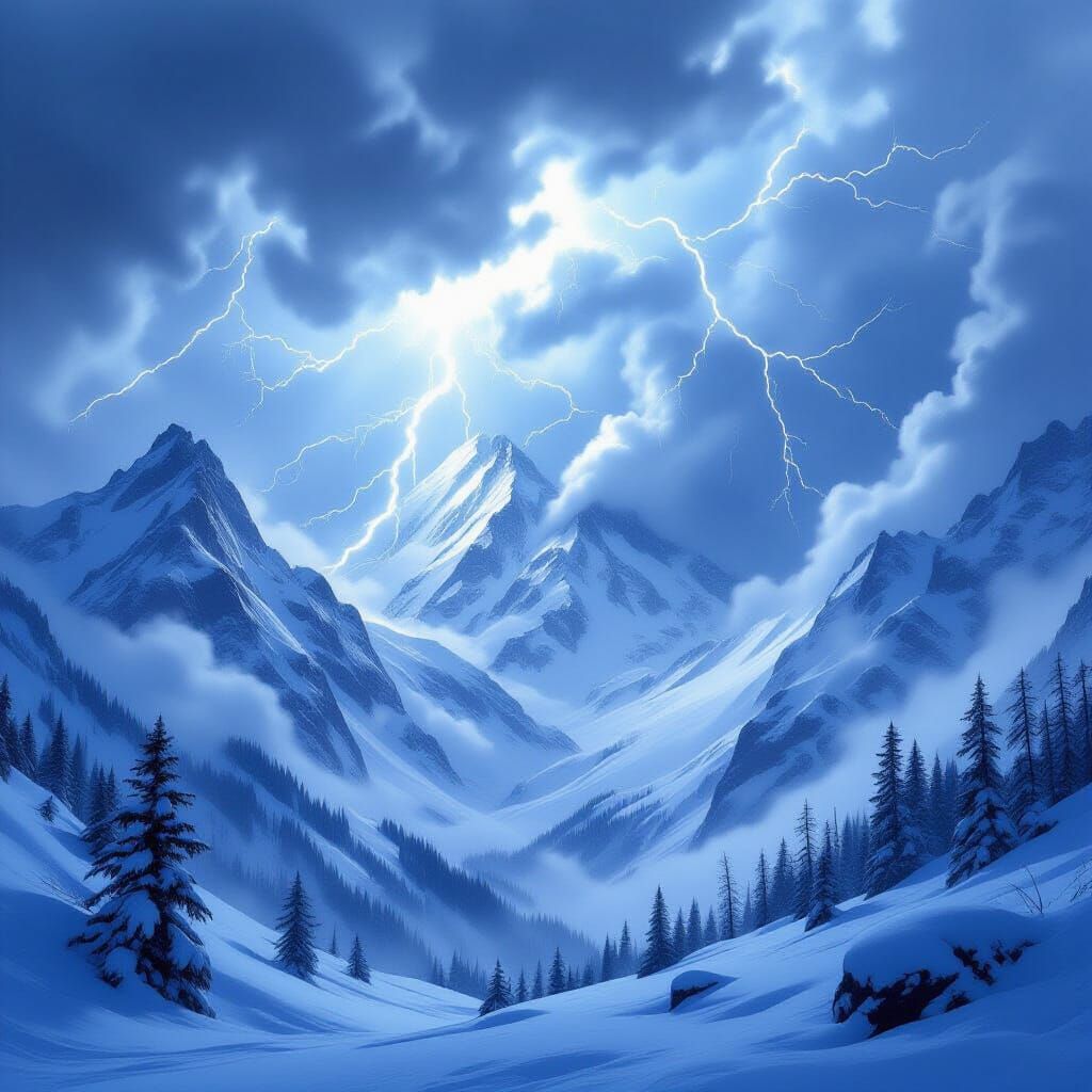 Mountain Storm Over Jagged Peaks with Lightning Flashes