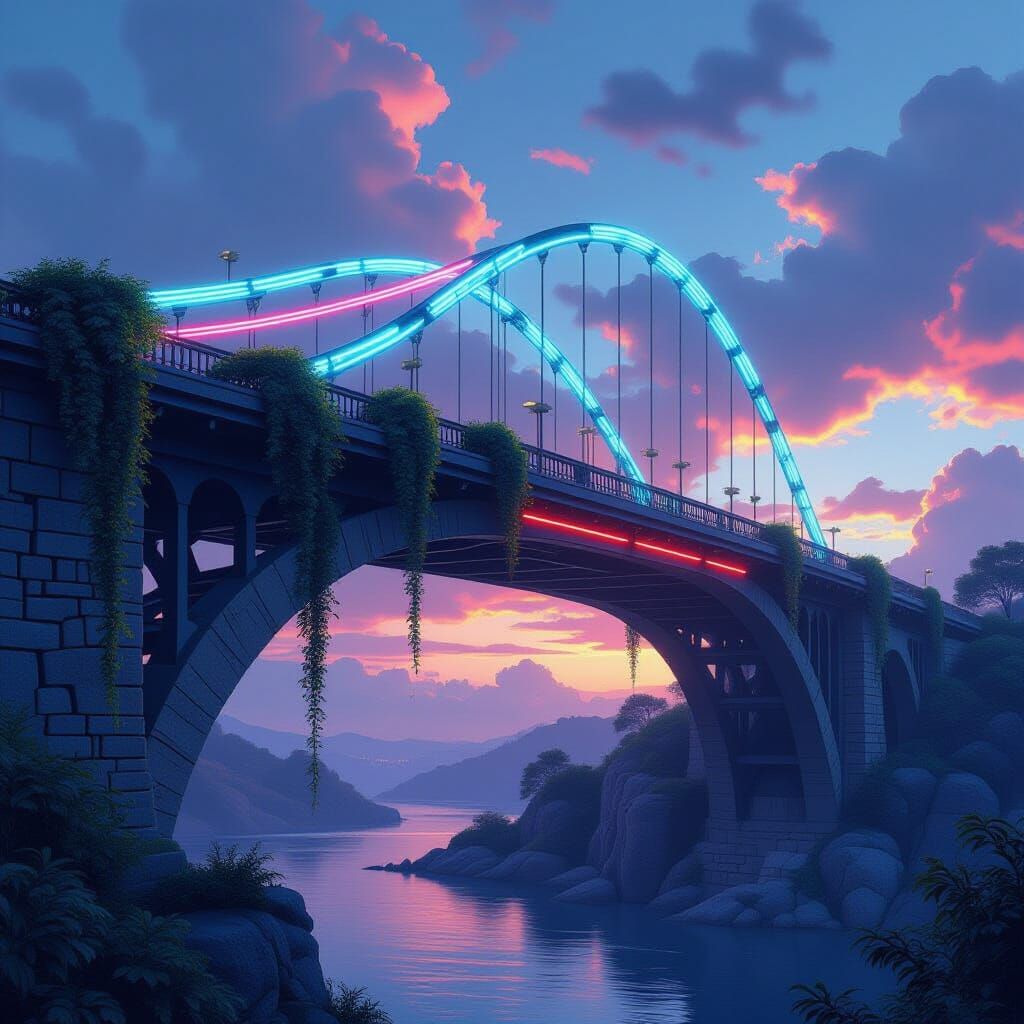 Ancient Stone to Neon Metal Bridge in Vibrant Sky