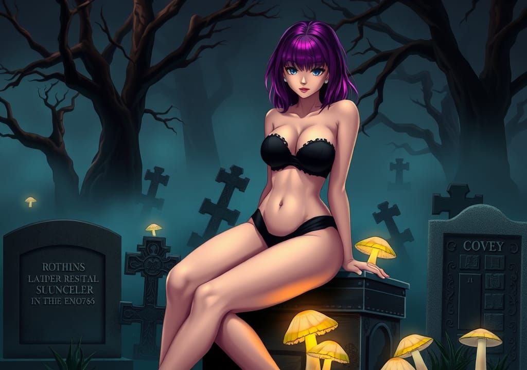 super hot, purple hair emo woman, bikini, anime skin, big chest, very curvaceous, curves, curvy, siting on a tomb stone ...