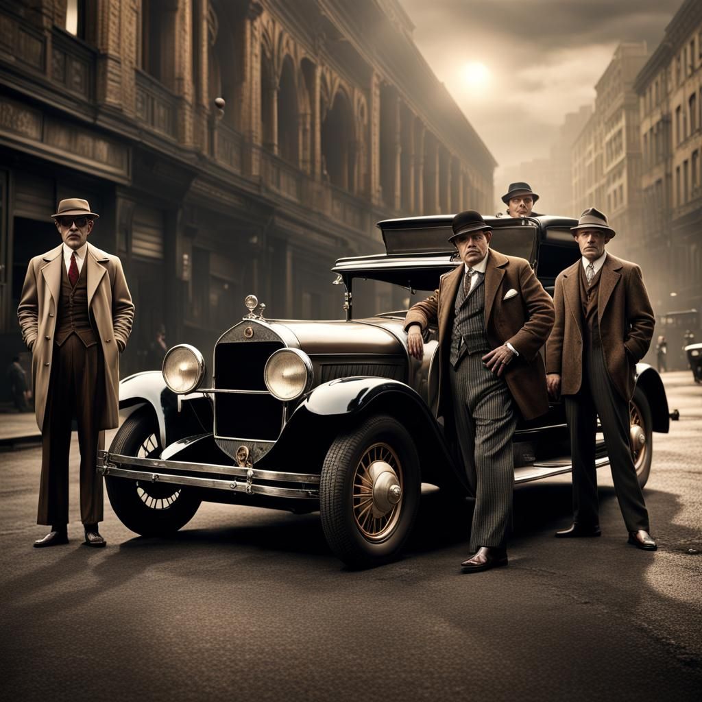 1920s Mobsters Posing by Car: Digital Matte Painting