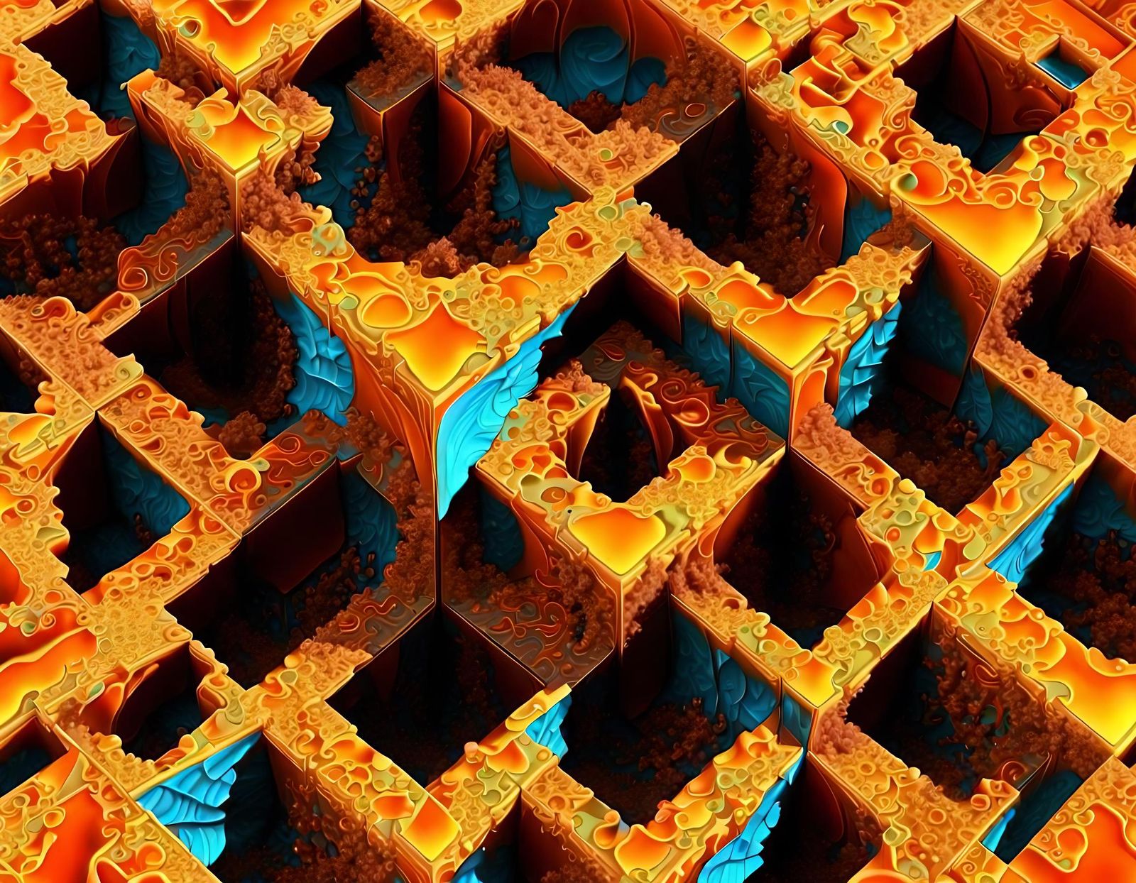 Vibrant Fractal Landscape Inside Crystalline Cube