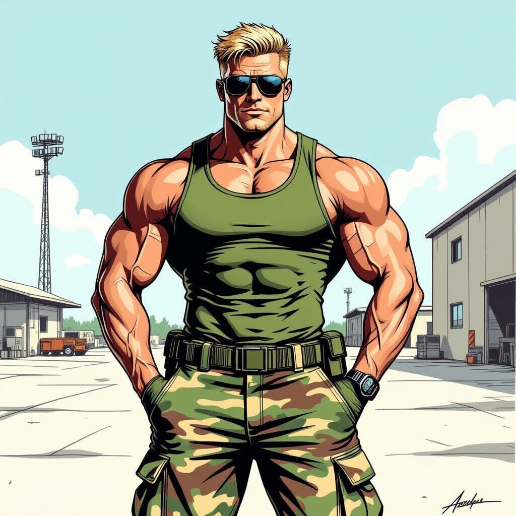 Muscular Man in Military Base, Detailed Pencil Sketch Style