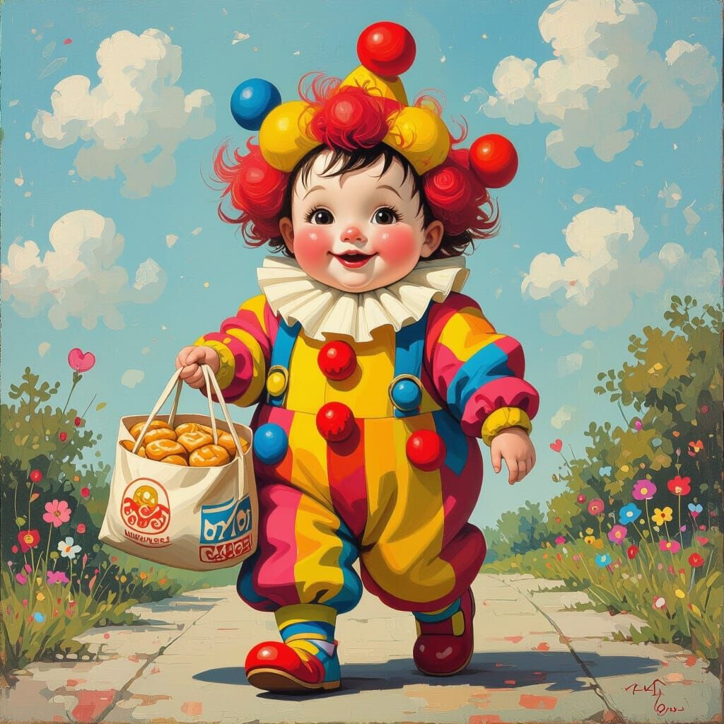 Cute Clown Child with Food Bag in Whimsical Style