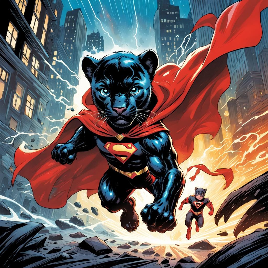 Superhero Panther Cub Saves the Day: Comic Book Art