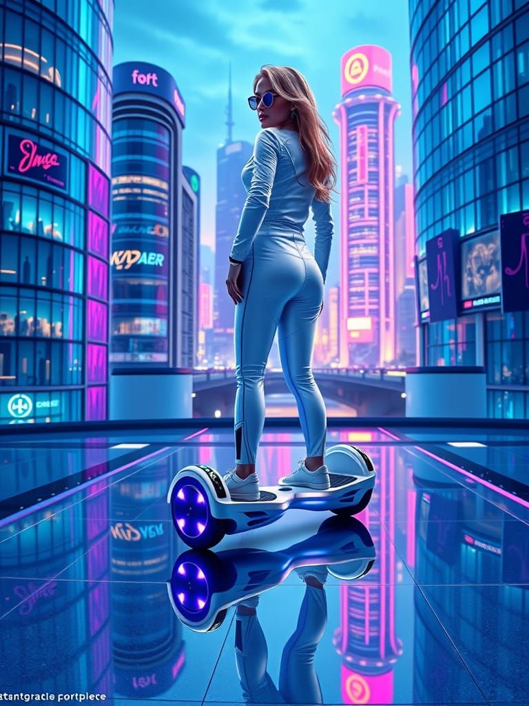 Futuristic Woman on Hoverboard in Neon City