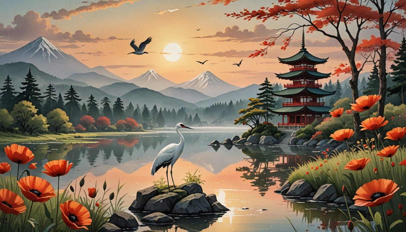 White Crane by Calm Lake with Japanese Pagoda