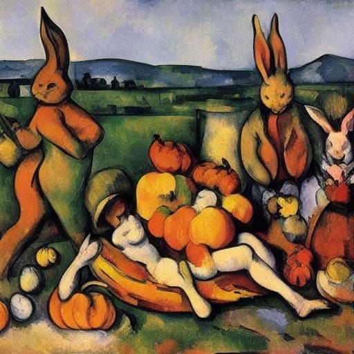 Rabbit and Devil's Autumn Harvest in Cezanne and Bosch Style