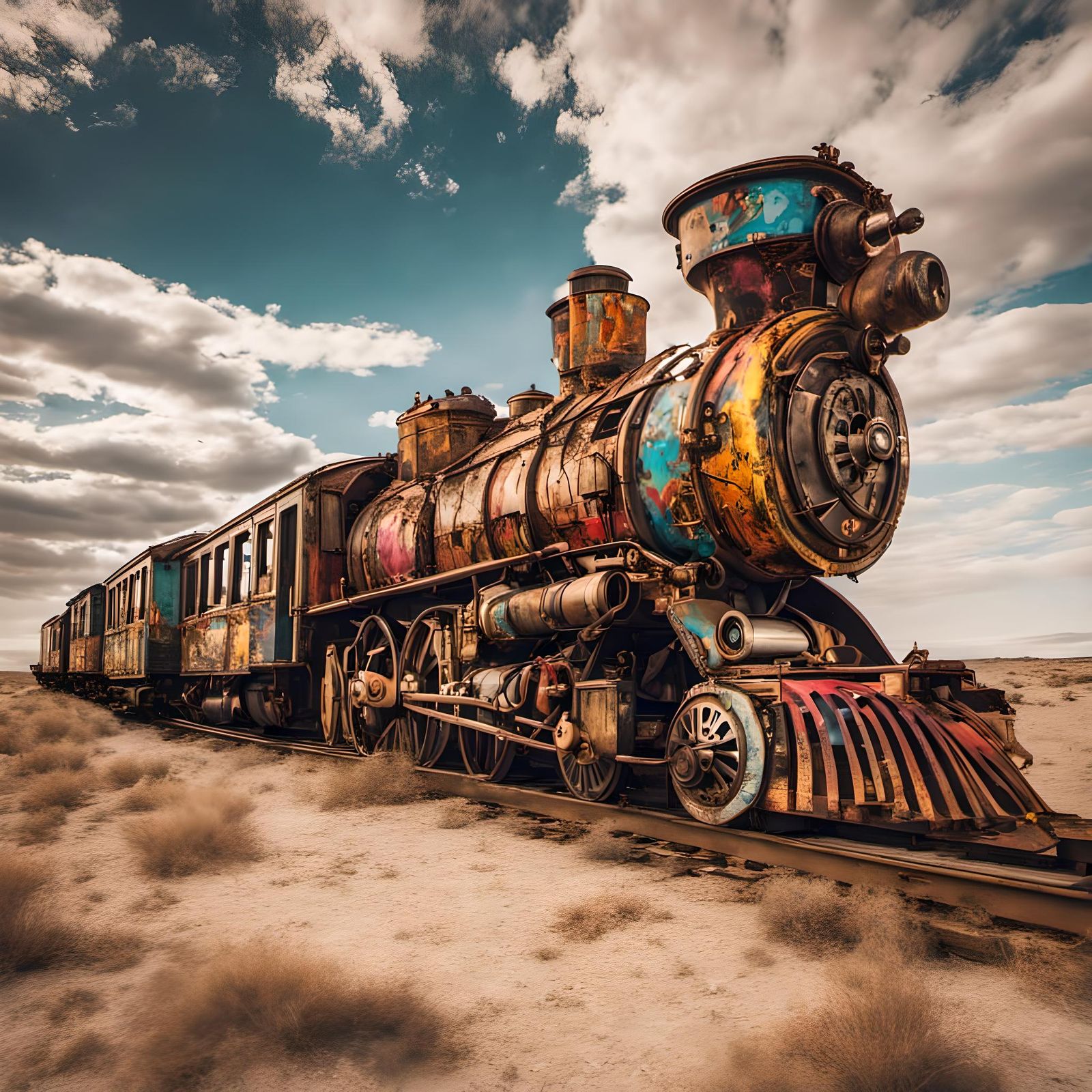 Steampunk Train Graffiti Art in Wasteland Sunset