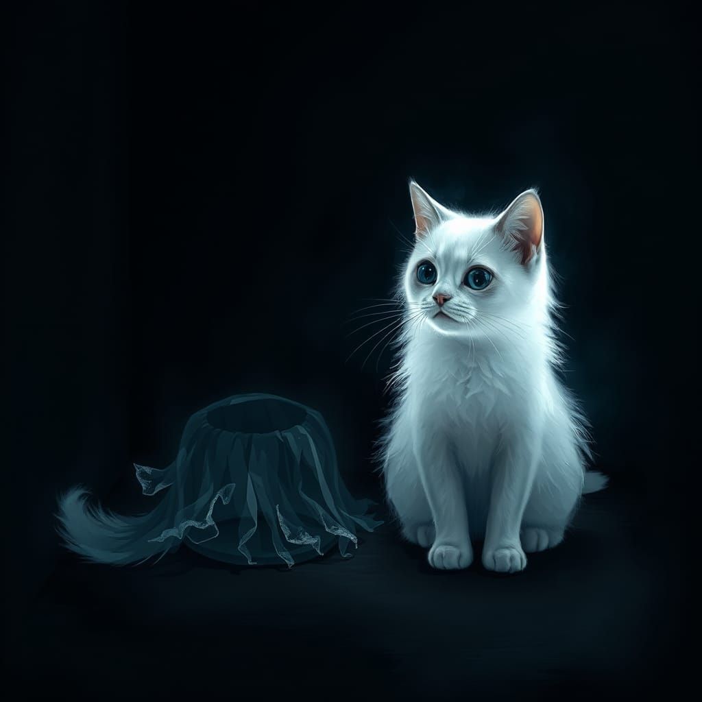 Sad Ghost with Cat in Dark Room, Ethereal Painting