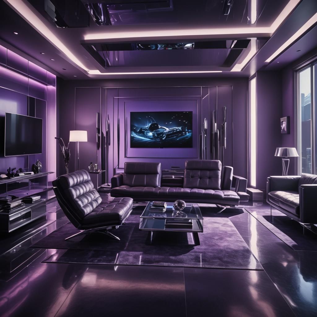 Sleek Frazier-Bane Styled Living Room in Moody Purples and B...