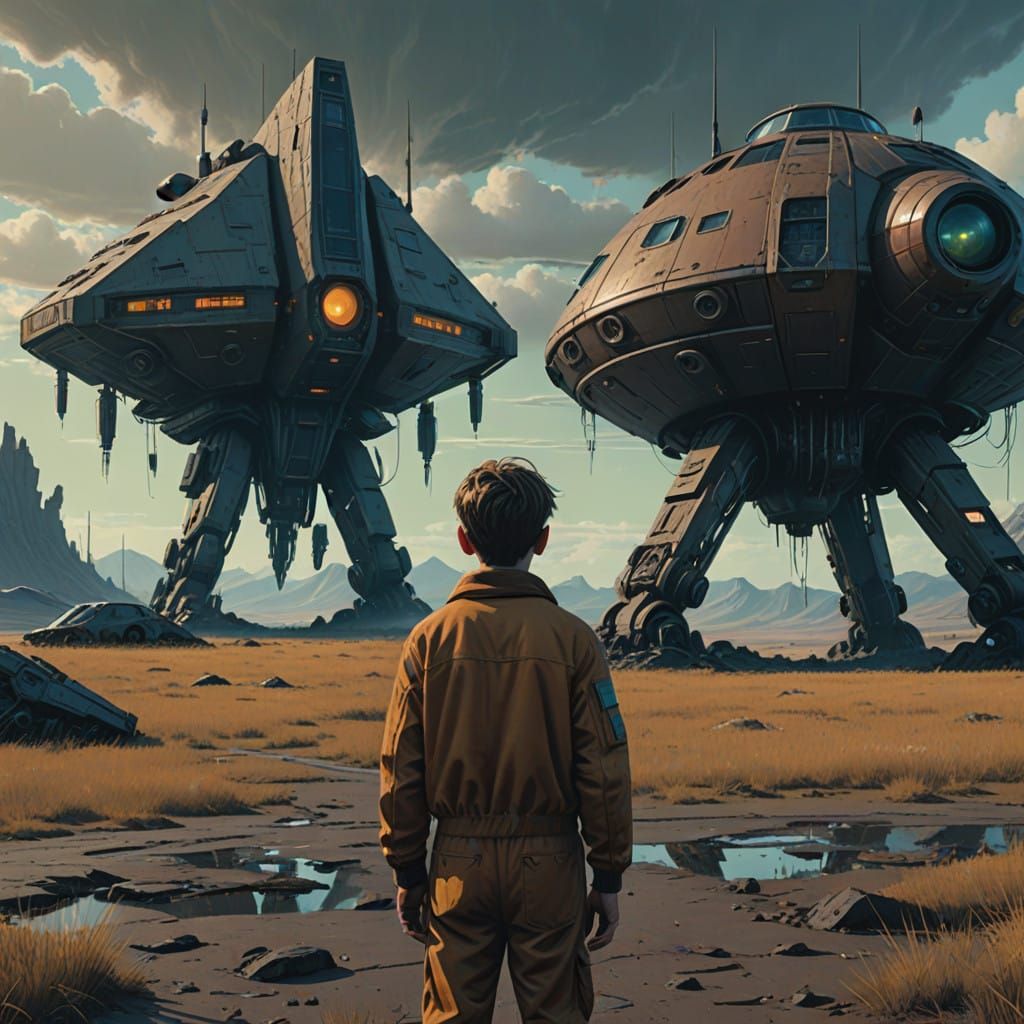 Heroic Young Boy in Alien Landscape