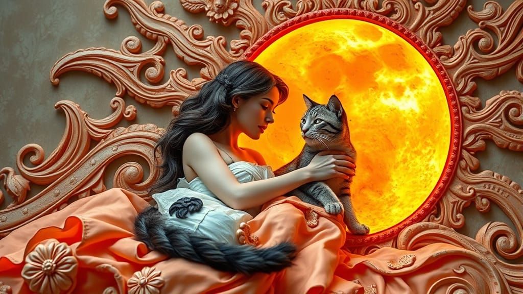 Woman and Cat in Surreal Sun and Moon Bed
