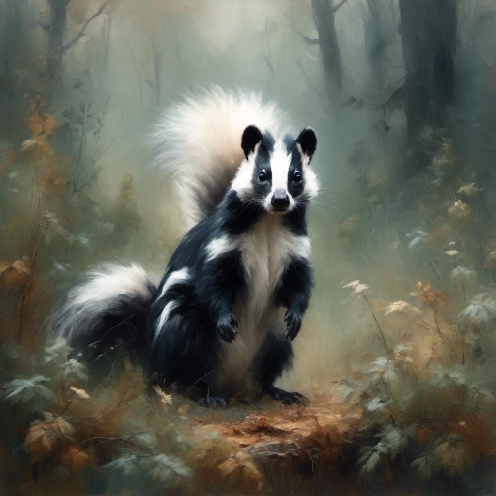 Skunk Portrait in Misty Forest Clearing