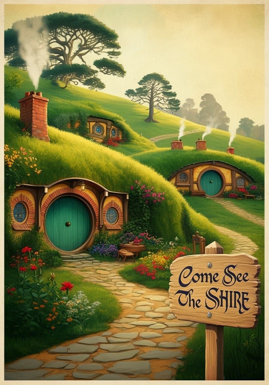 Whimsical Hobbit Town in the Shire, Vintage Poster Style
