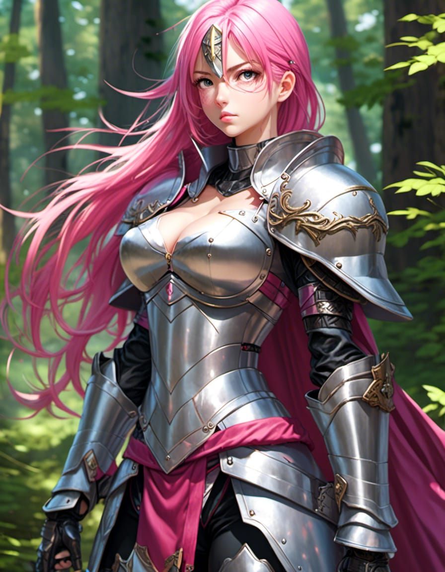 Pink-Haired Knight in Anime Style Forest